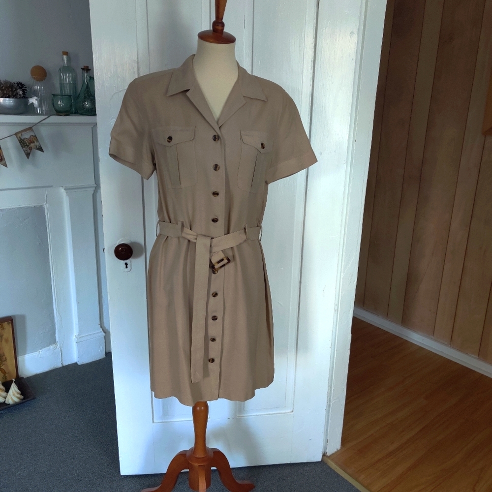 Tan Button Up Dress Vintage Silk